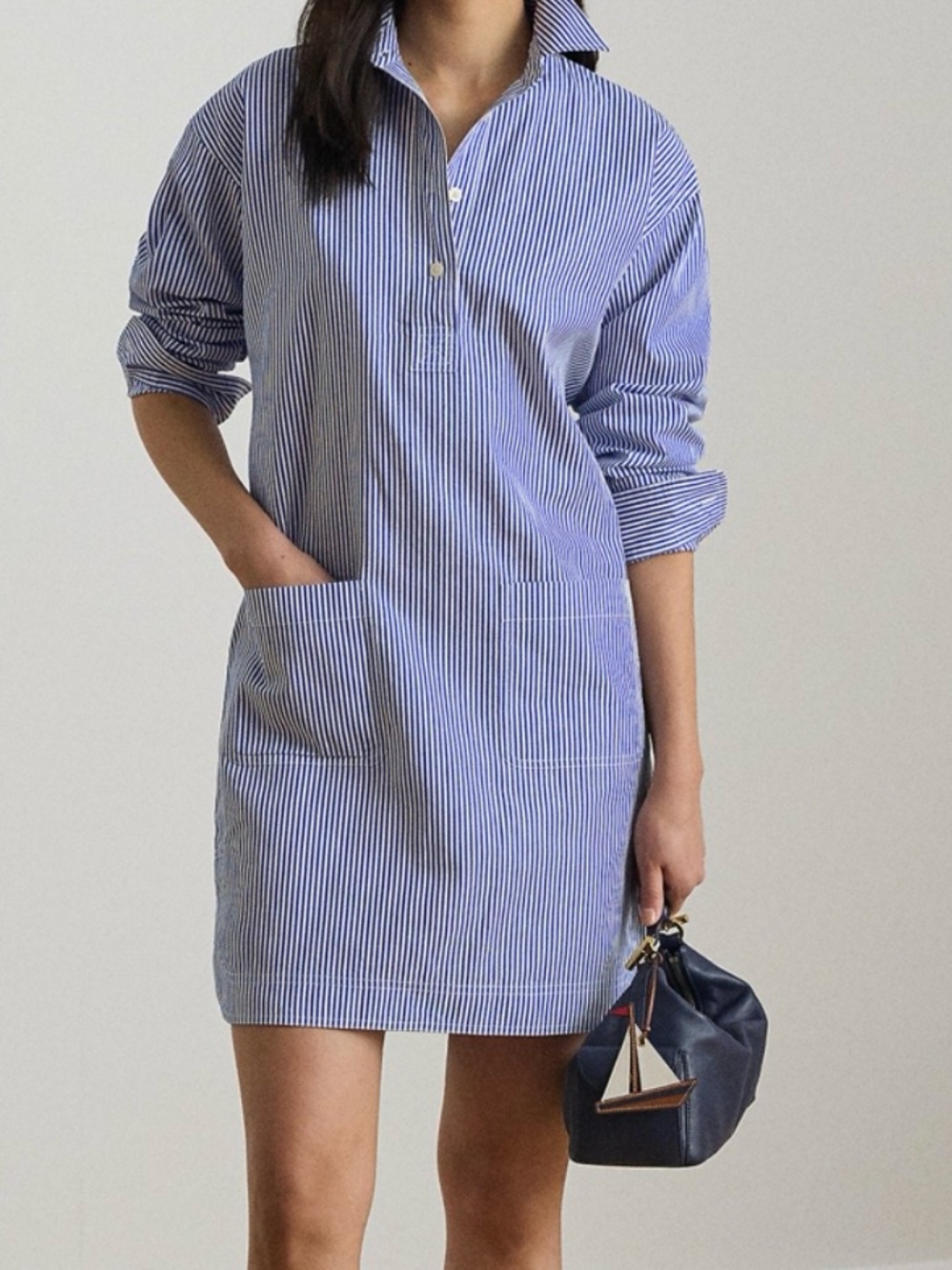 Lauren Ralph Lauren Striped Blue Popover Shirt Dress with Patch Pocket